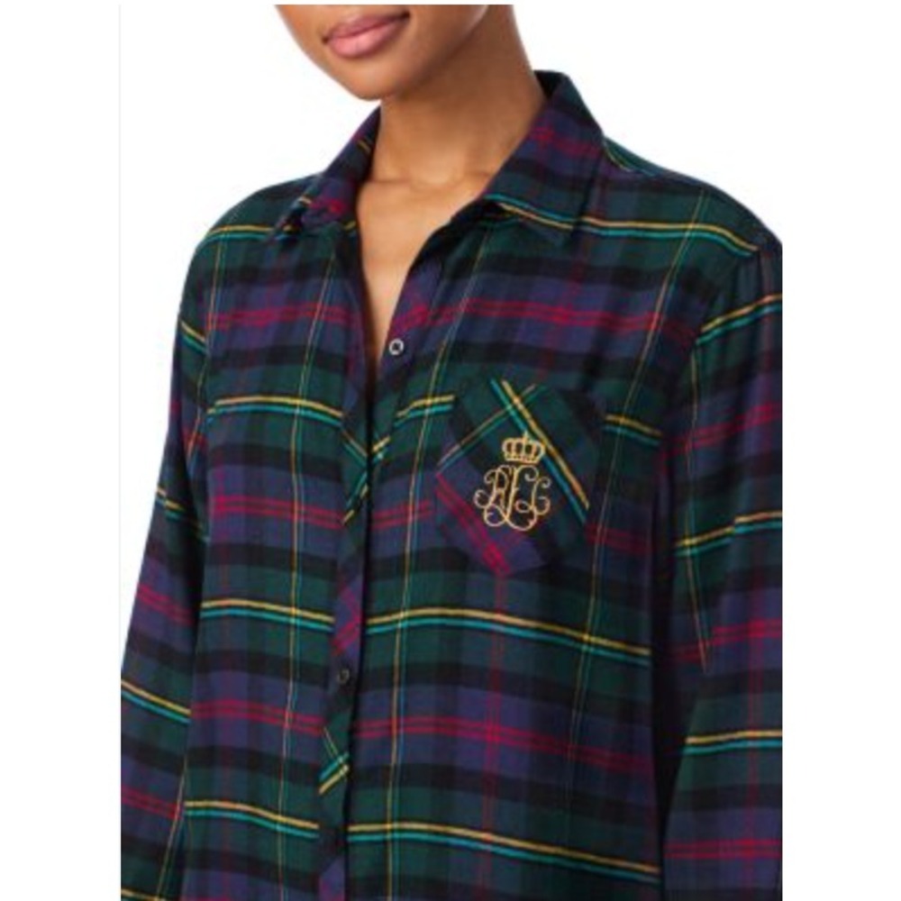 NWT Lauren Ralph Lauren Fleece PJ Top Women Sz M Green Plaid Classic Old Money